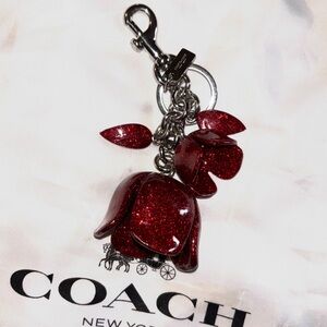 Coach Glittering Red Rose Keychain, Bag Charm with Silver Clasp, Purse Charm